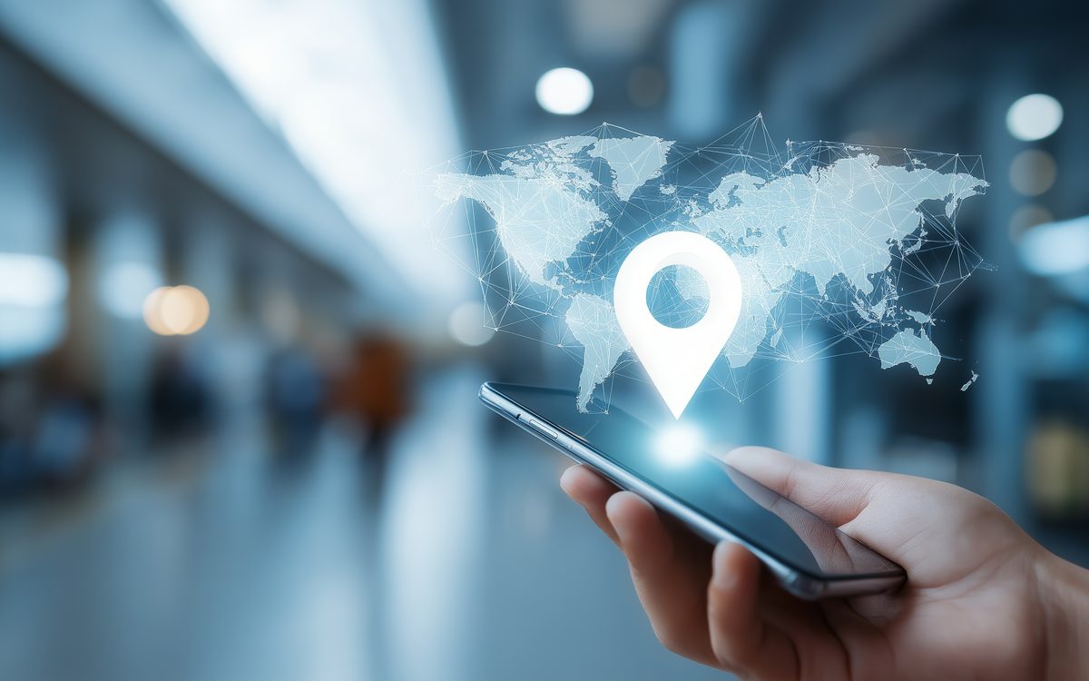 Mão segurando um celular com um mapa-múndi conectado, integração com o sistema de gestão de imóveis