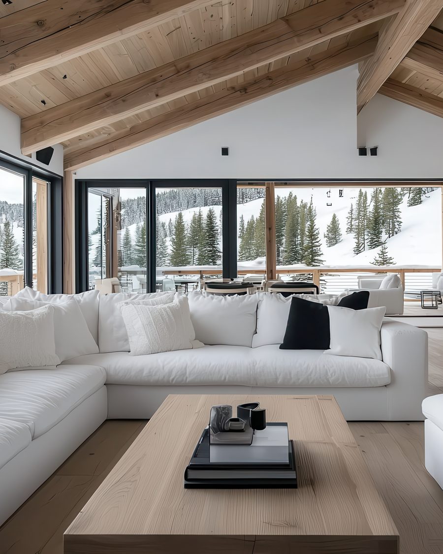 Sala integrada de chalé com lareira e janelas voltadas para uma encosta de esqui coberta de neve